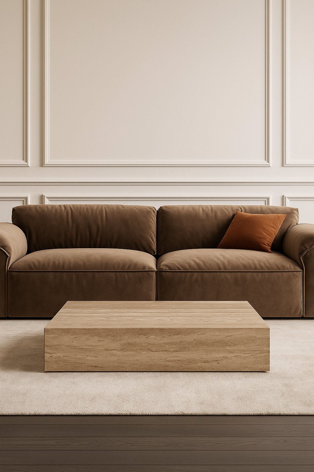 Beige Travertine marble coffee table styled in a contemporary living room