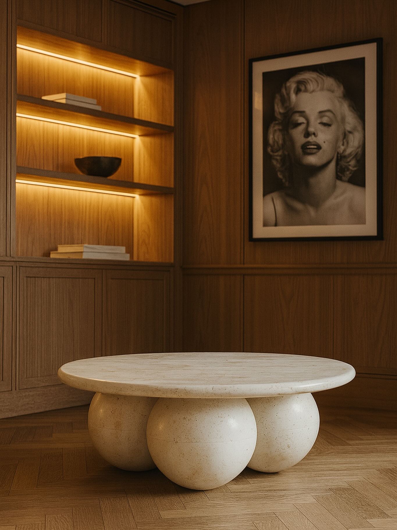 Beige Travertine marble coffee table styled in a contemporary living room
